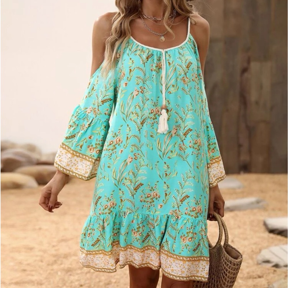 Boho Floral Print Cold Shoulder Flare Sleeve Tassel Tie Dress - Picture 10 of 16